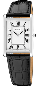 Seiko watch with black leather strap and white face
