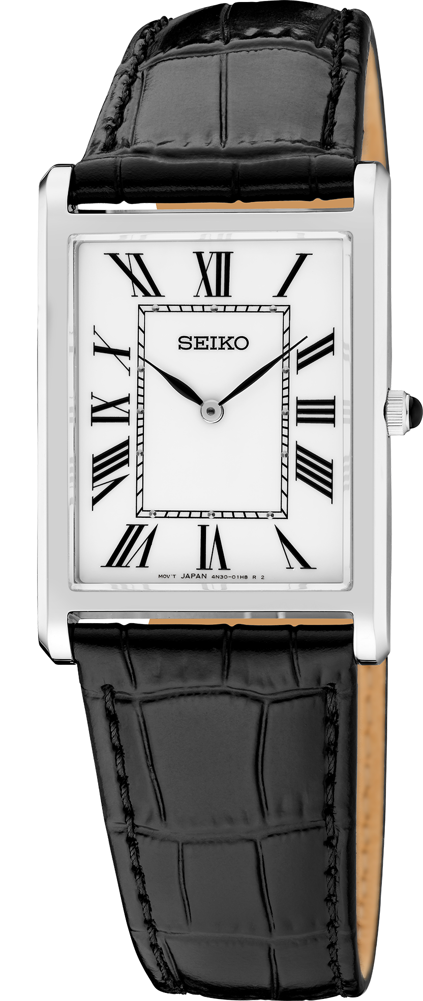 Seiko watch with black leather strap and white face
