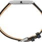 Close-up of a watch with a black and brown leather strap on a white background