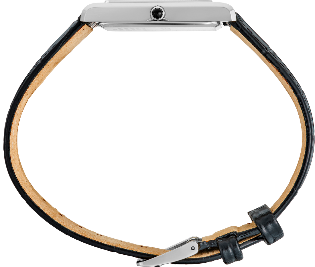 Close-up of a watch with a black and brown leather strap on a white background