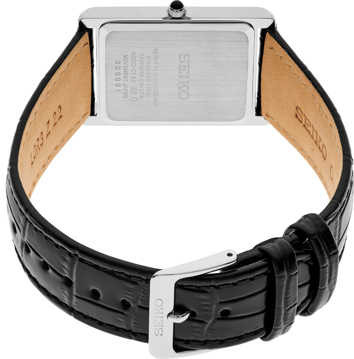 Seiko watch with black leather strap and silver case on a white background