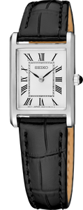 Seiko | Essentials Rectangular Case Roman Numeral Quartz Black Leather Strap White Dial Women's Watch SWR107