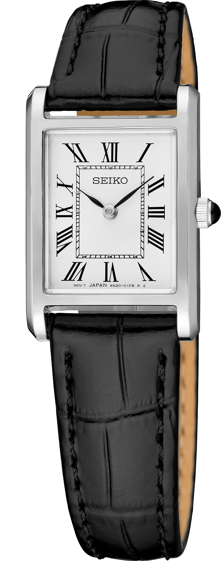 Seiko | Essentials Rectangular Case Roman Numeral Quartz Black Leather Strap White Dial Women's Watch SWR107
