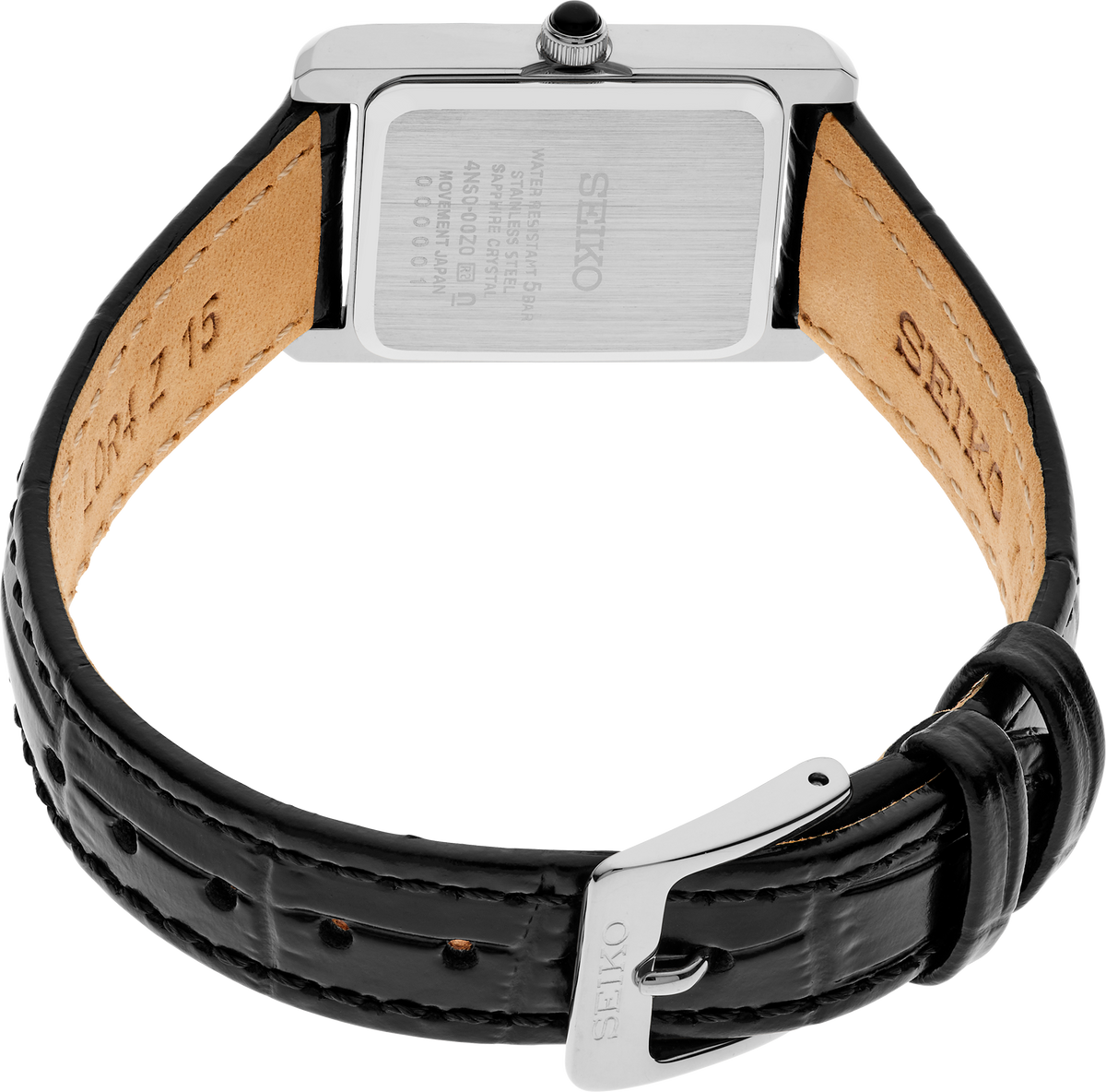 Close-up of a watch with black leather strap and silver case on a white background