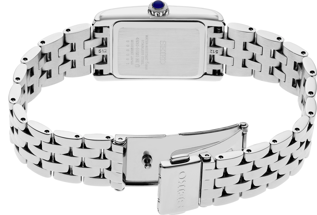 Silver Seiko watch with a detailed metal band on a white background