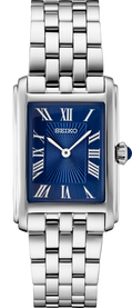Seiko watch with silver metal bracelet and blue face on a white background