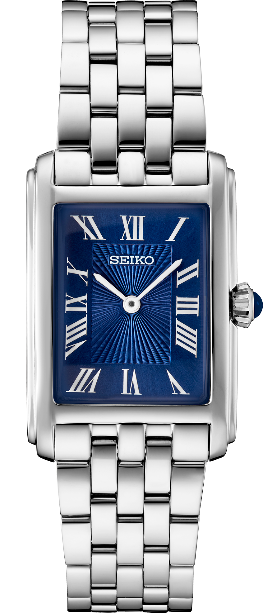 Seiko watch with silver metal bracelet and blue face on a white background