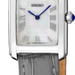 Seiko watch with gray strap and white face on a white background