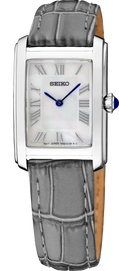 Seiko watch with gray strap and white face on a white background