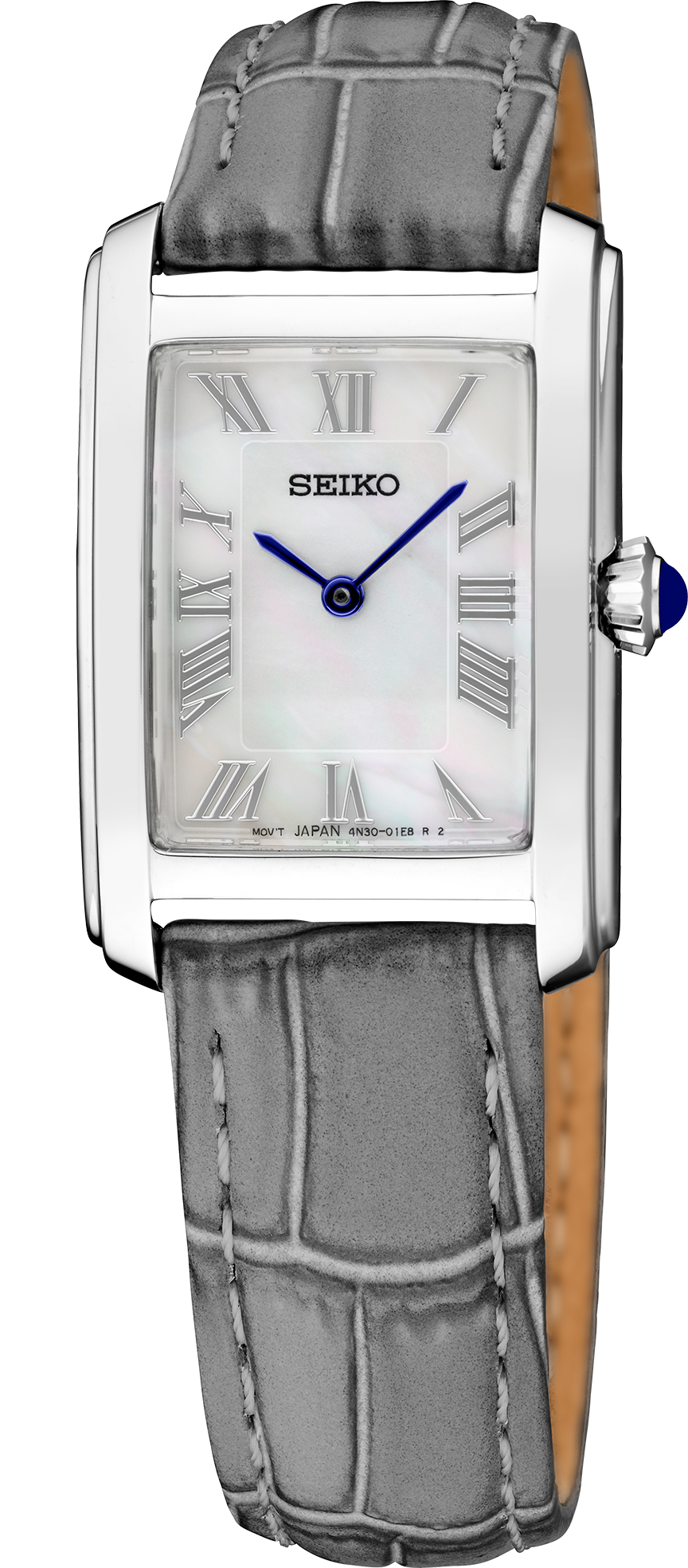 Seiko watch with gray strap and white face on a white background