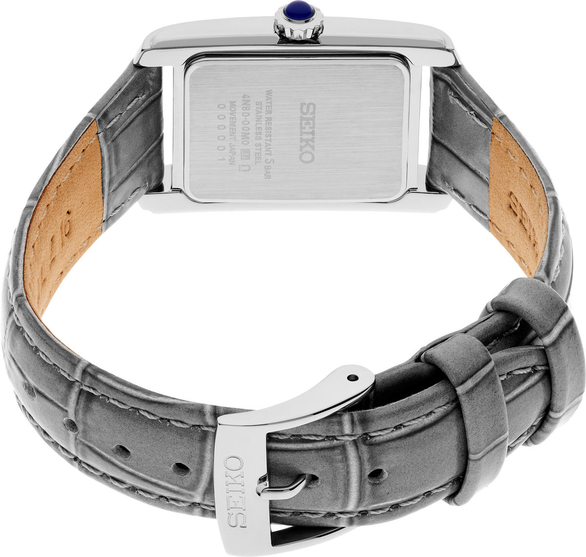 Seiko | Essentials Rectangular Case Roman Numeral Quartz Gray Leather Strap White Dial Women's Watch SWR099)