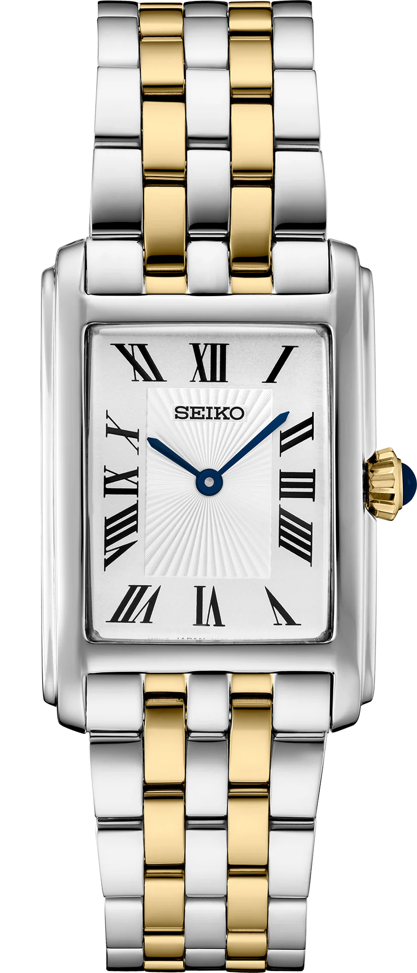 Seiko watch with two-tone metal strap on a white background