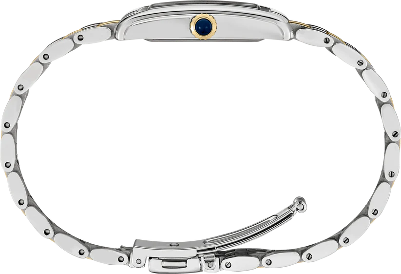 Silver watch with a blue gemstone on a white background