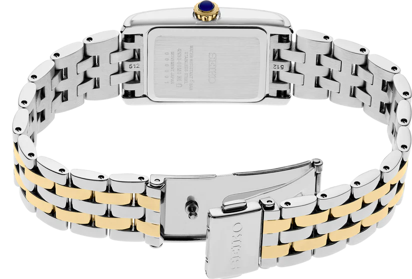 Two-tone watch with silver and gold band on a white background