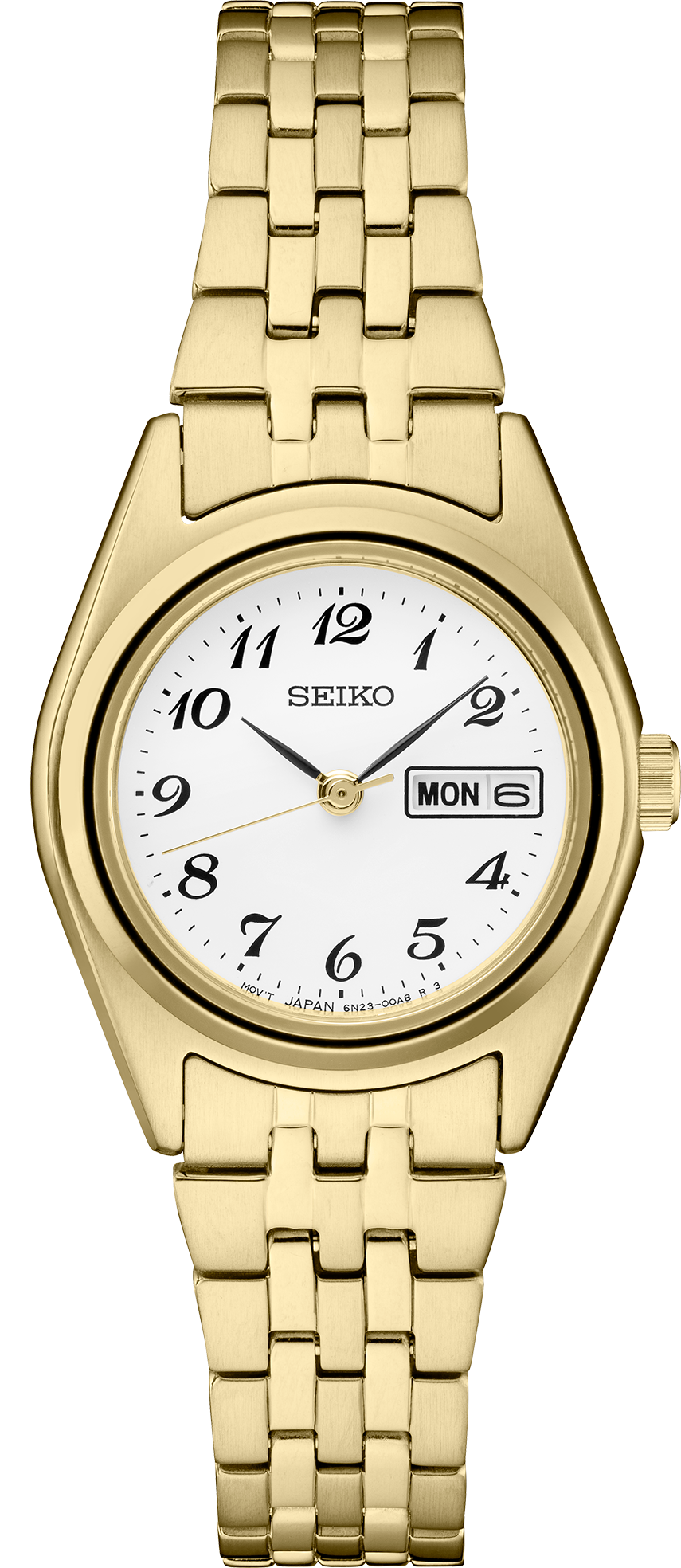 Gold watch with a white face on a white background