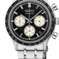 Seiko chronograph watch with black dial and silver metal bracelet on a white background