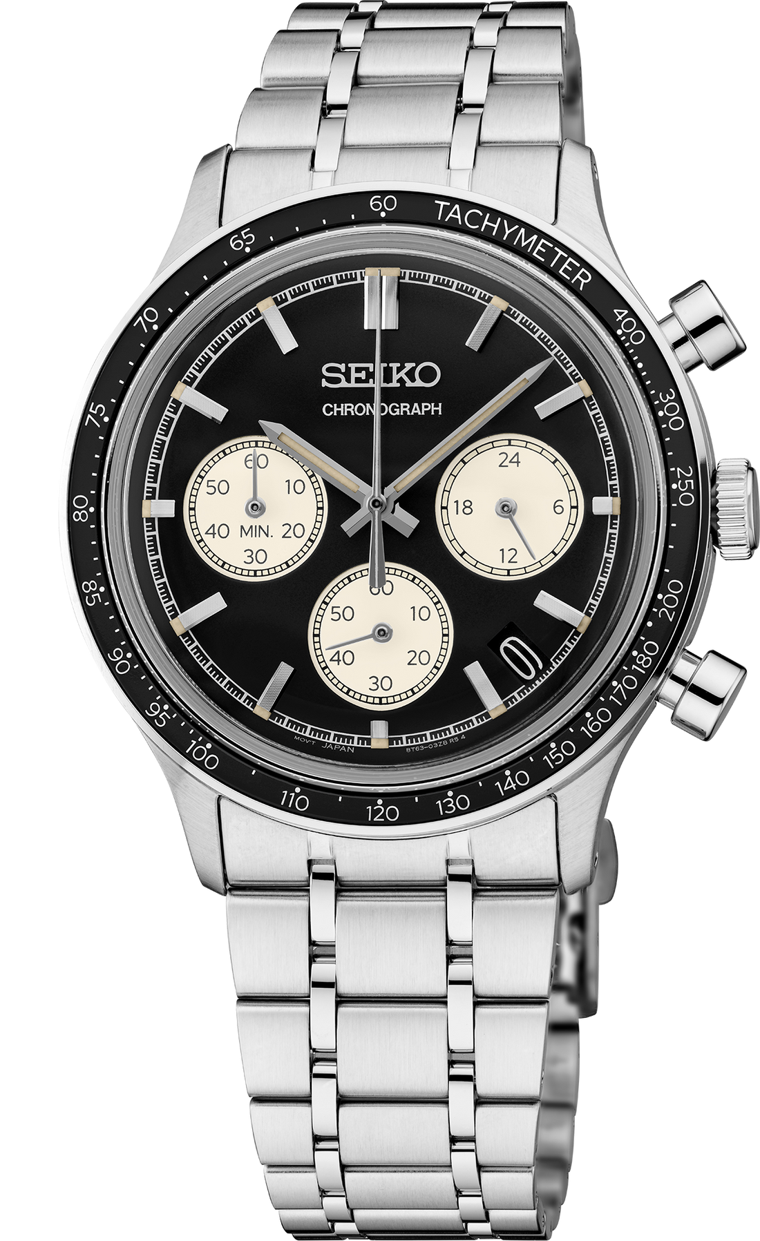 Seiko chronograph watch with black dial and silver metal bracelet on a white background