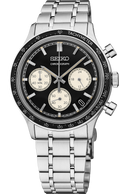 Seiko chronograph watch with black dial and silver metal bracelet on a white background