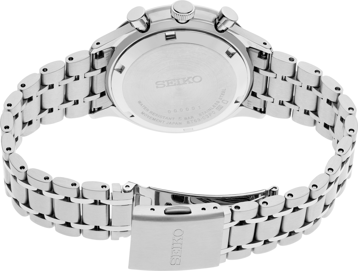 Silver Seiko watch with metal bracelet on a white background