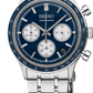 Seiko watch with blue face and silver metal strap on a white background