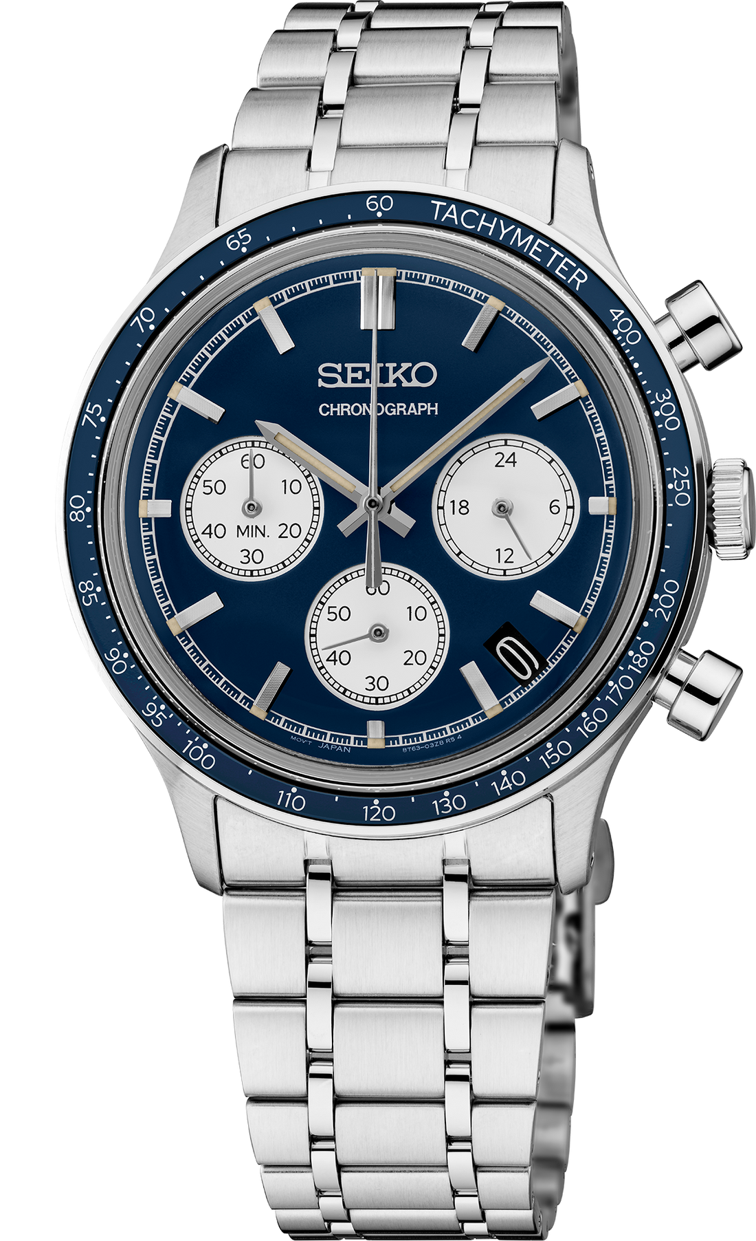 Seiko watch with blue face and silver metal strap on a white background