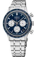 Seiko watch with blue face and silver metal strap on a white background