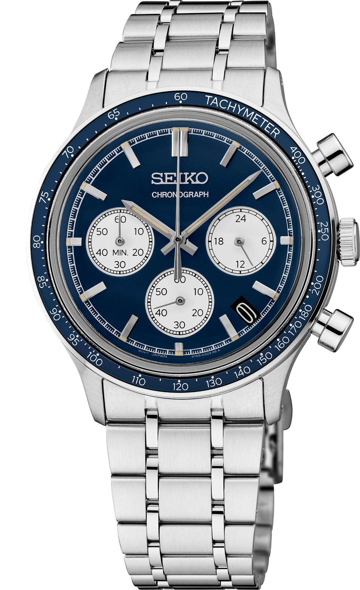 Seiko watch with blue face and silver metal strap on a white background