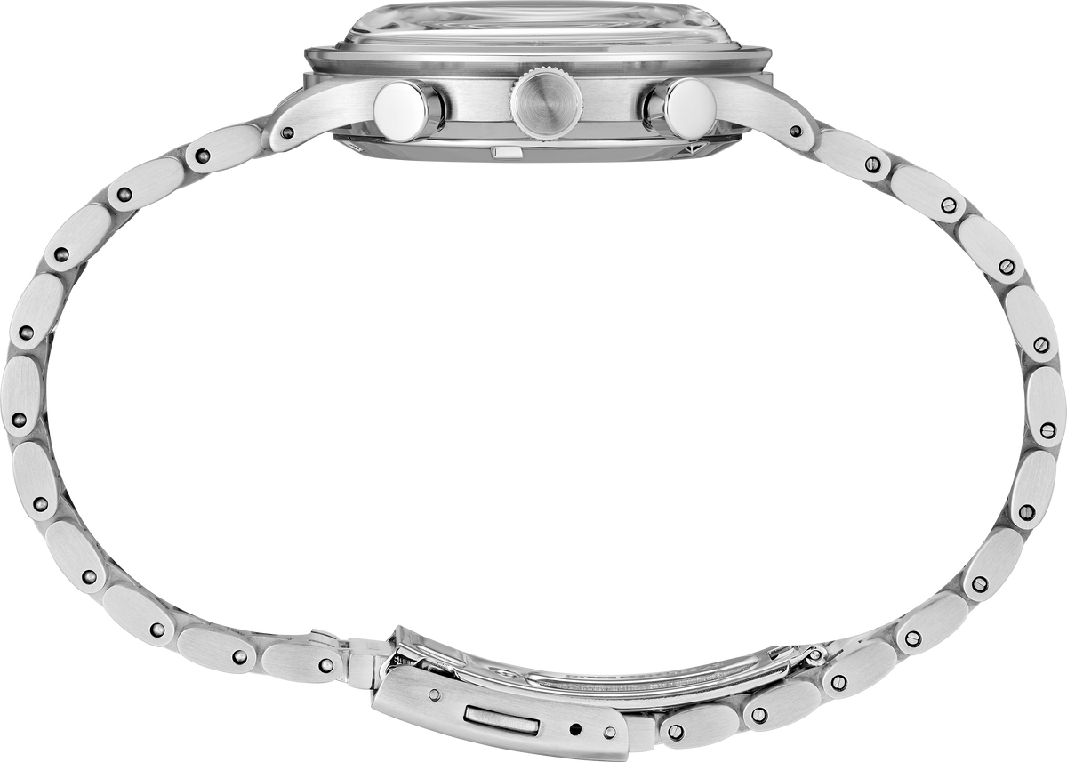 Silver watch with a detailed band on a white background
