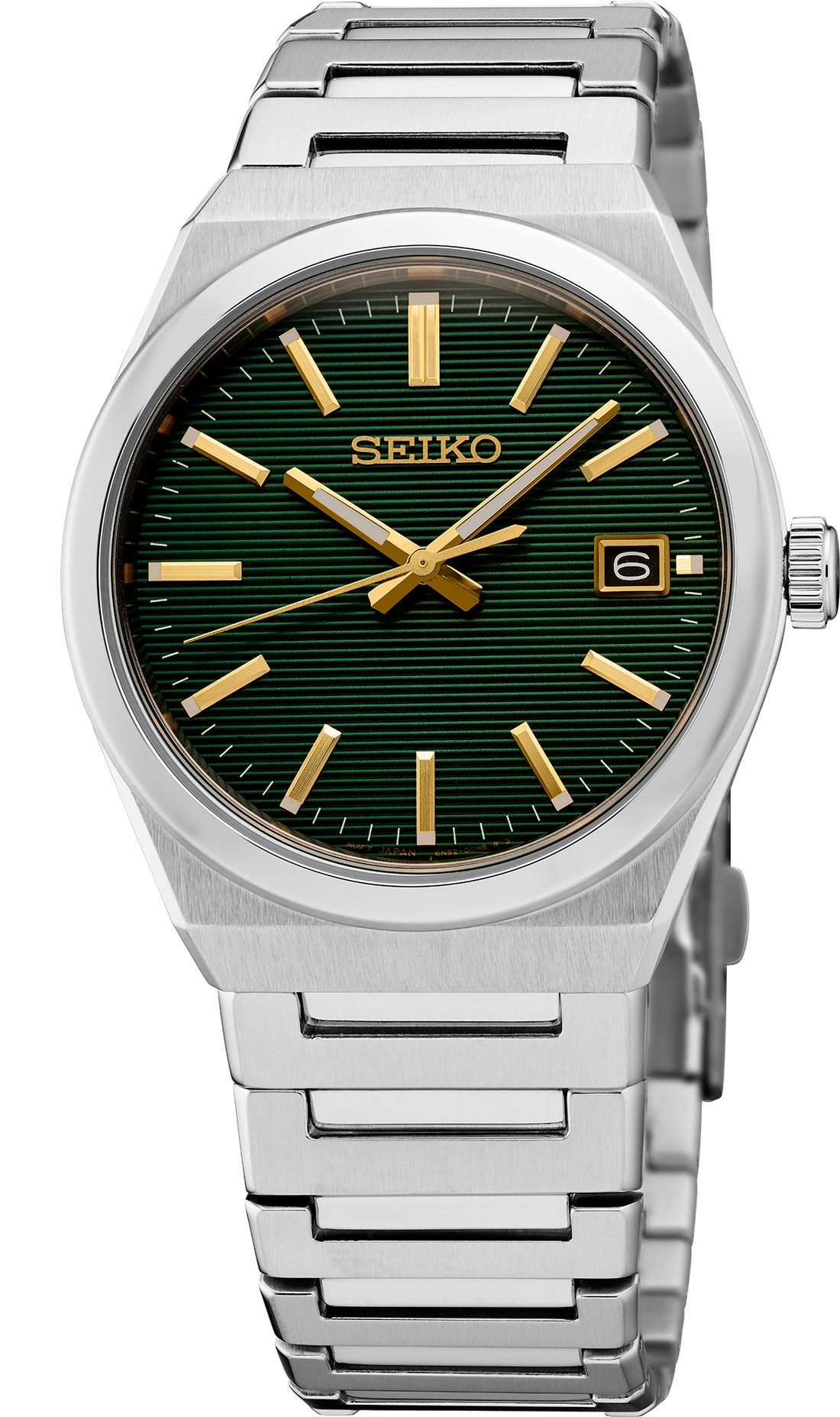 Seiko watch with green face and silver metal strap on white background
