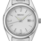Seiko watch with silver metal strap on a white background