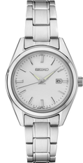 Seiko watch with silver metal strap on a white background