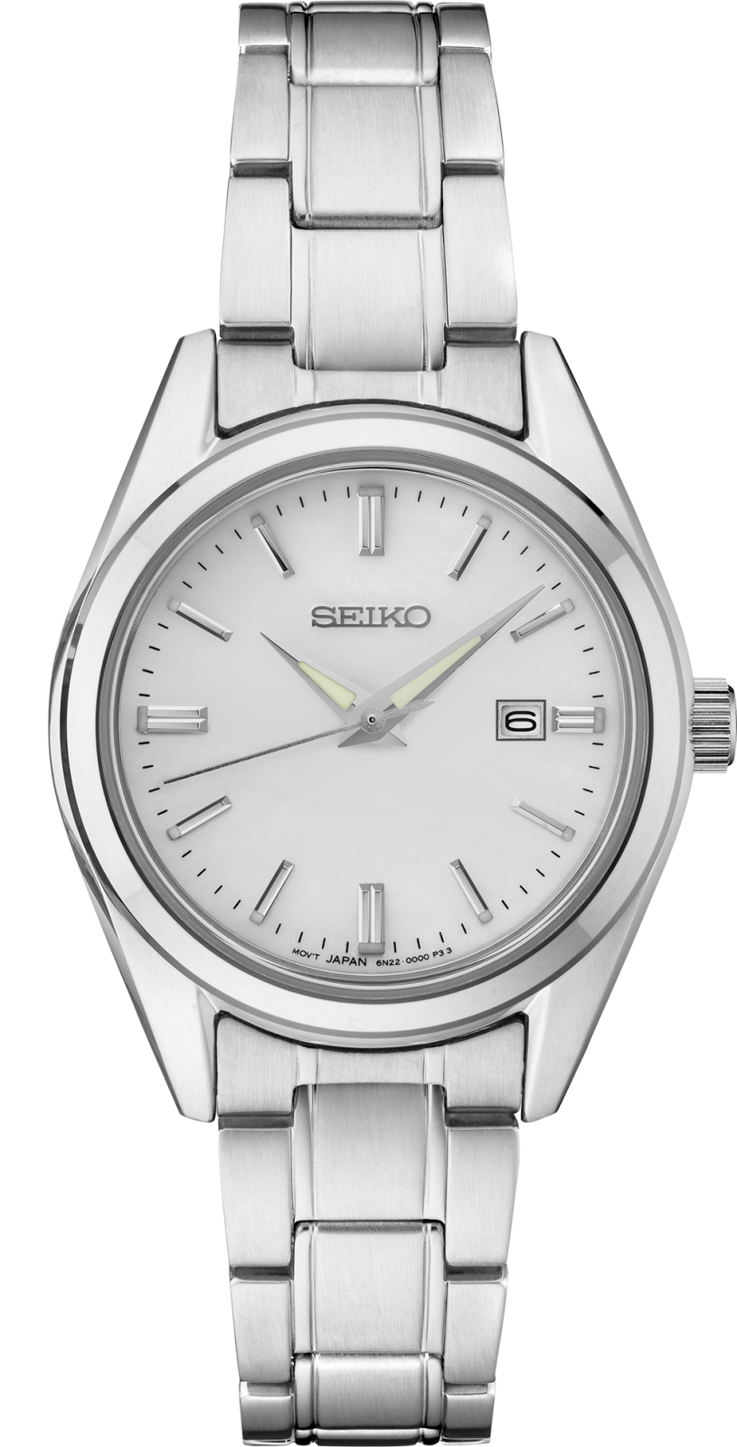 Seiko watch with silver metal strap on a white background
