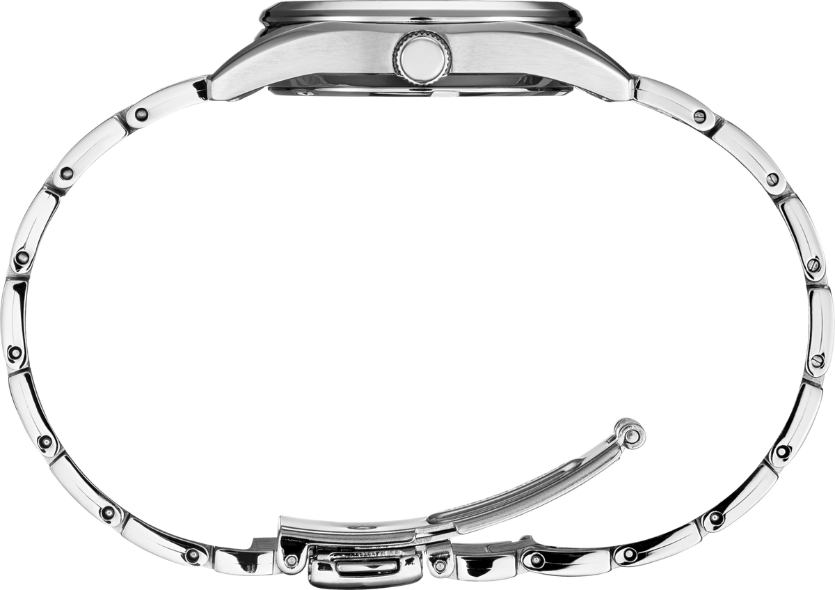 Close-up of a silver watch band on a white background