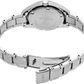Close-up of a silver Seiko watch with a focus on the band and clasp.