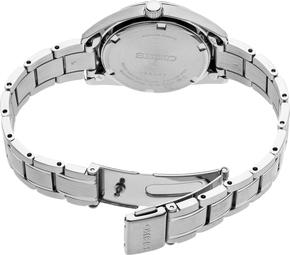 Close-up of a silver Seiko watch with a focus on the band and clasp.