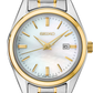 Two-tone Seiko watch with silver and gold band on a white background