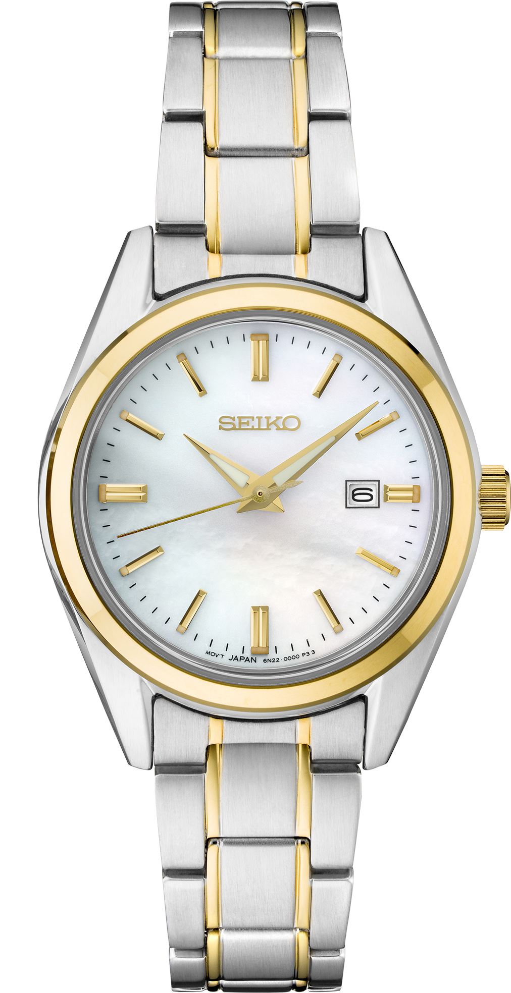 Two-tone Seiko watch with silver and gold band on a white background