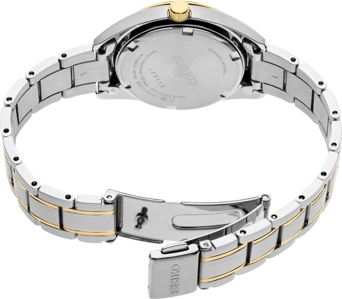 Close-up of a silver and gold Seiko watch with a white background