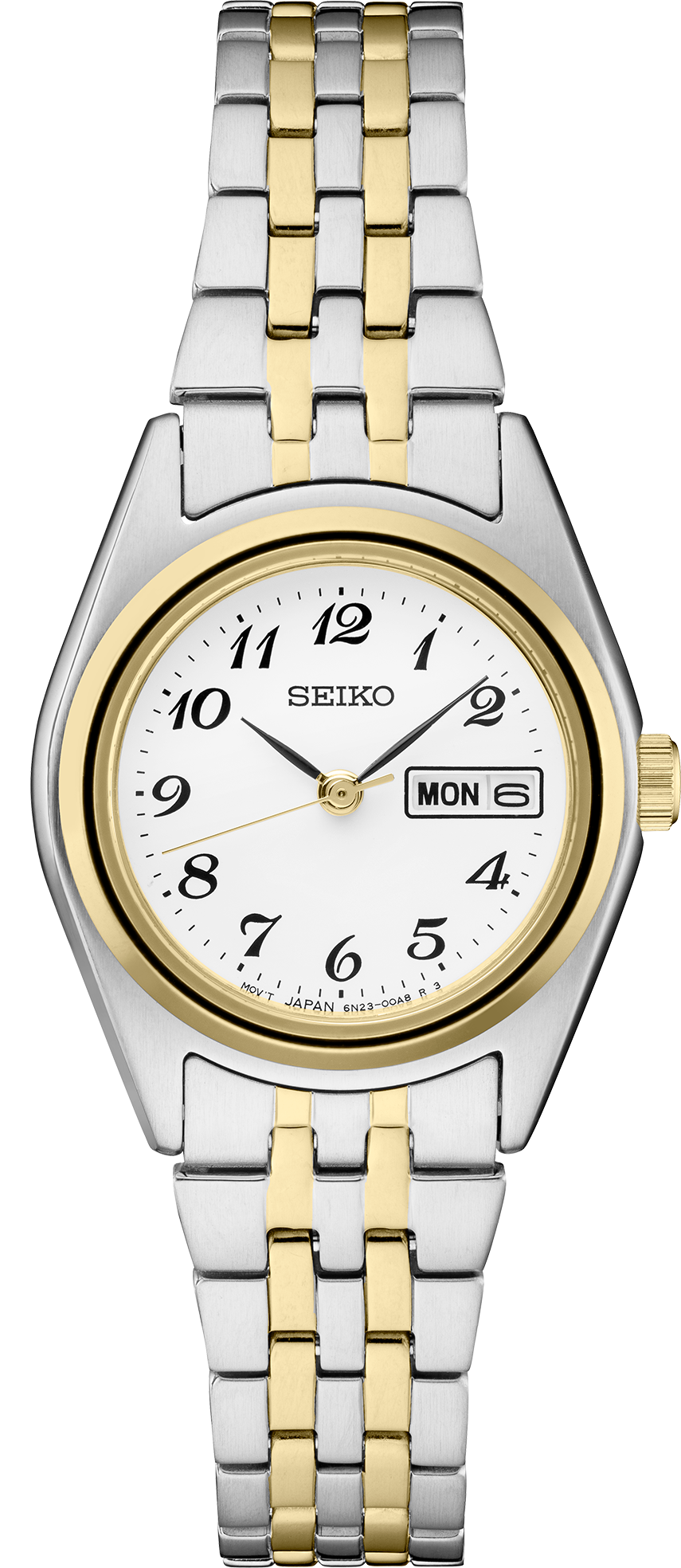 Seiko watch with two-tone silver and gold bracelet on a white background
