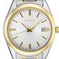 Seiko watch with two-tone metal strap on a white background
