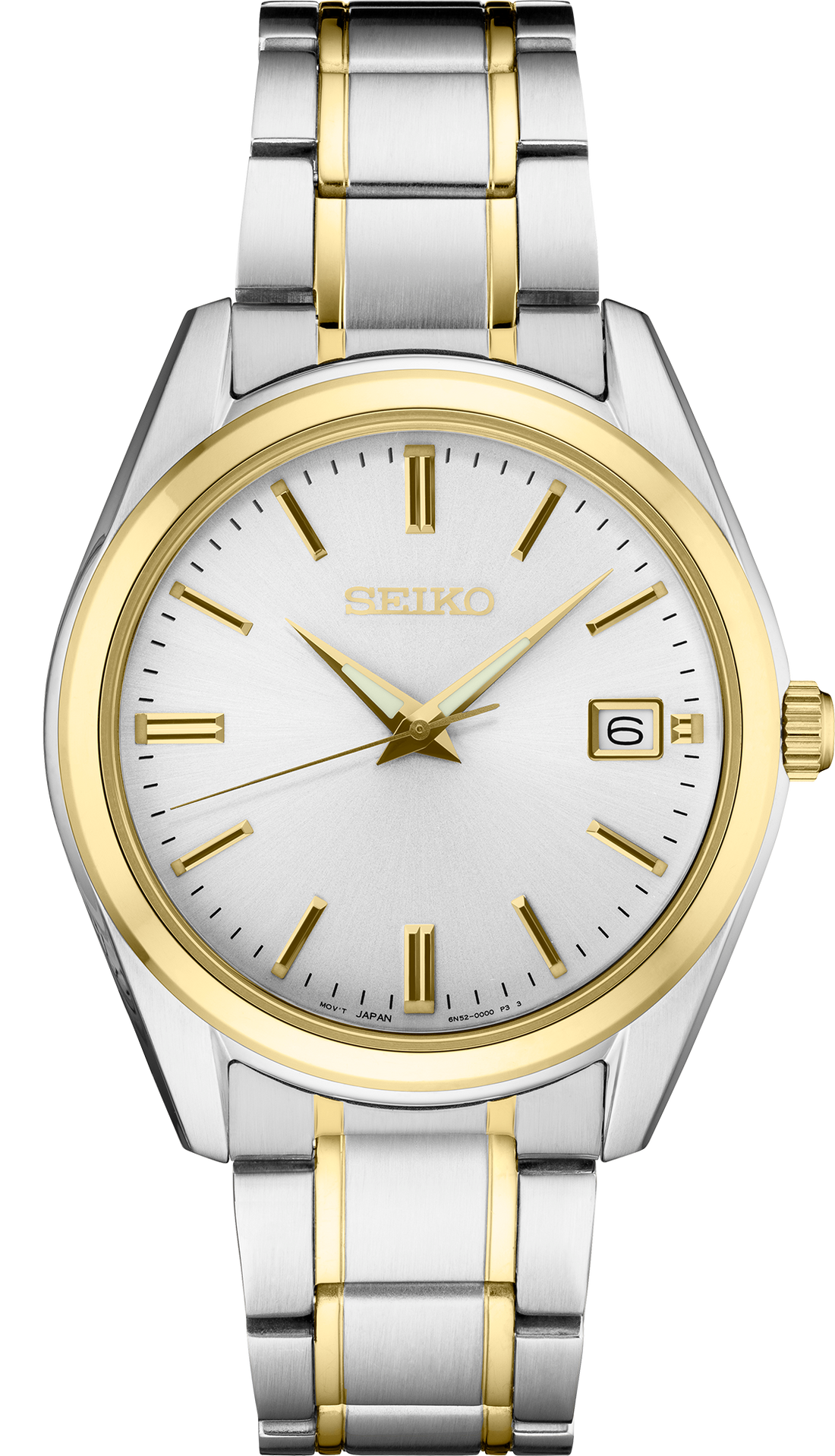 Seiko watch with two-tone metal strap on a white background