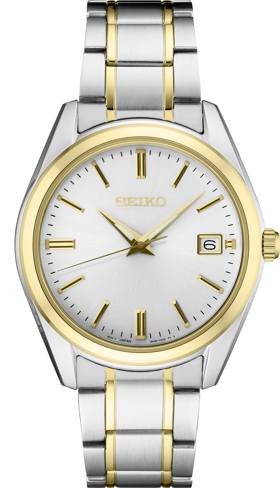 Seiko watch with two-tone metal strap on a white background