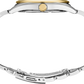 Close-up of a silver and gold watch band on a white background