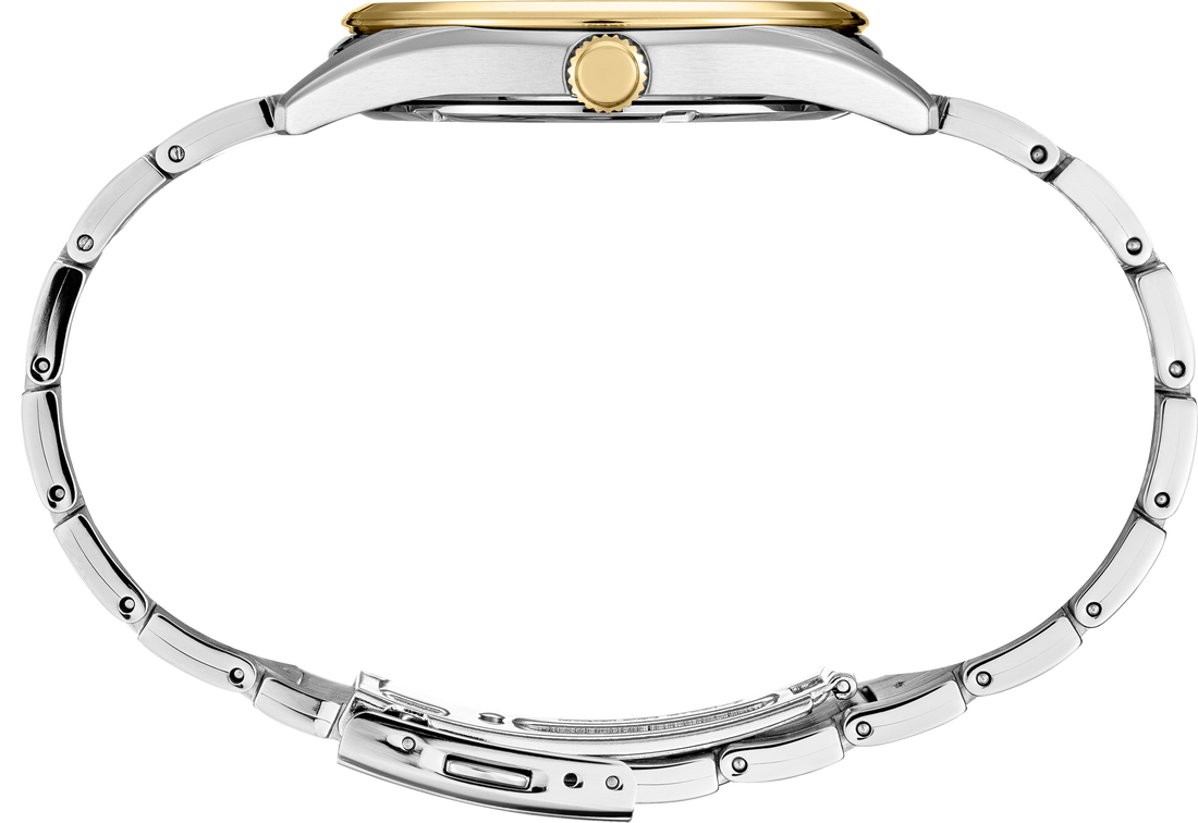 Close-up of a silver and gold watch band on a white background