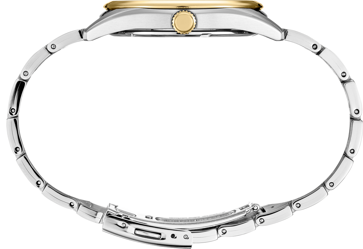 Close-up of a silver and gold watch band on a white background