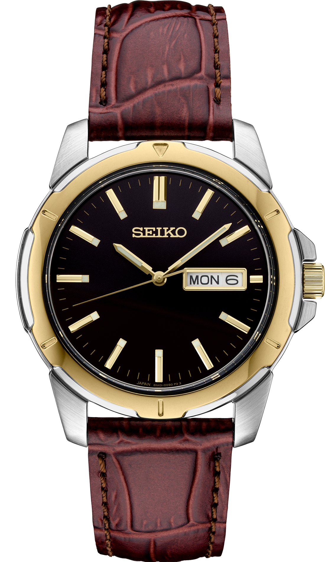 Seiko watch with brown leather strap on a white background