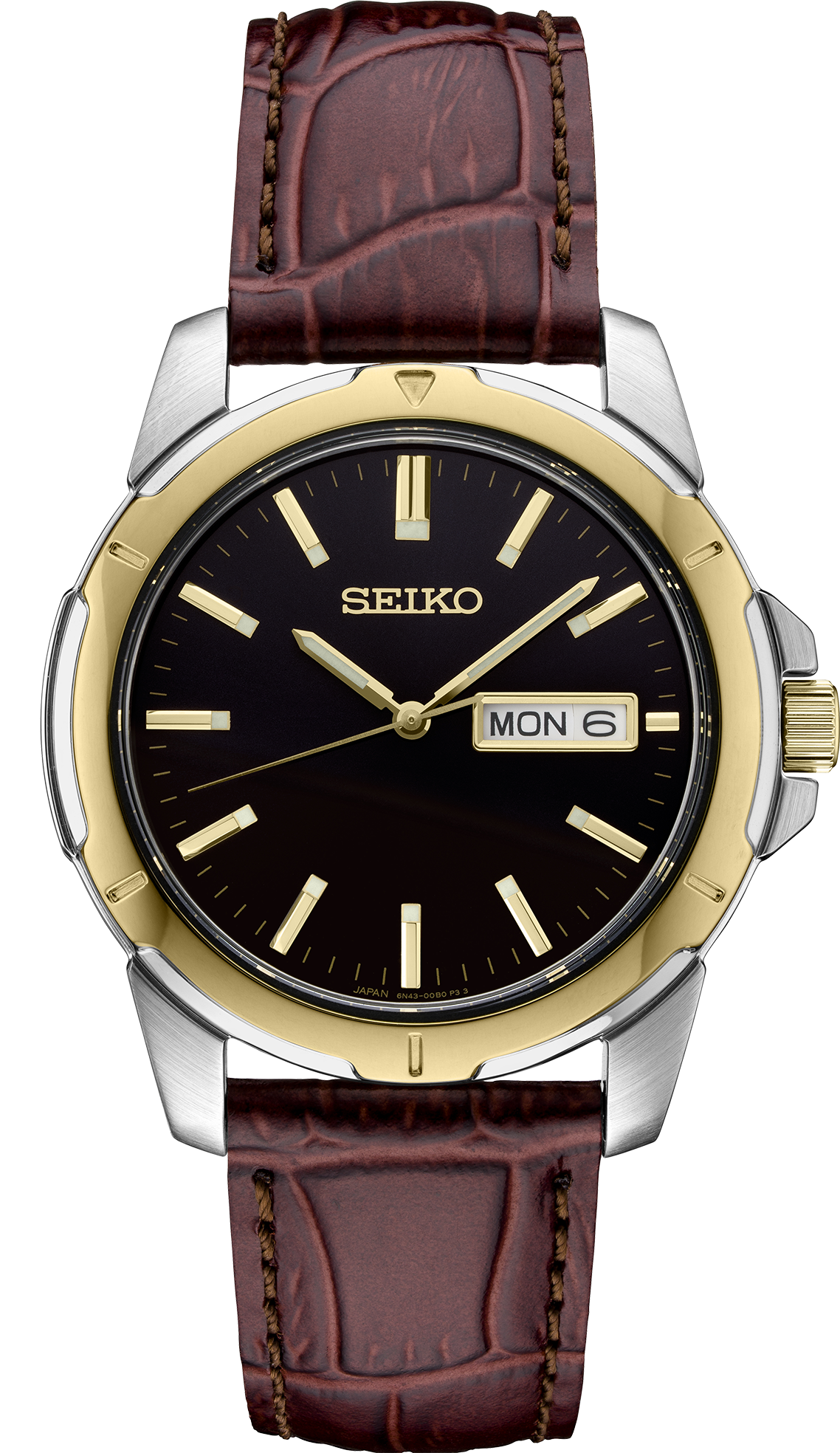 Seiko watch with brown leather strap on a white background