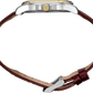 Watch with brown leather strap and silver case on a white background