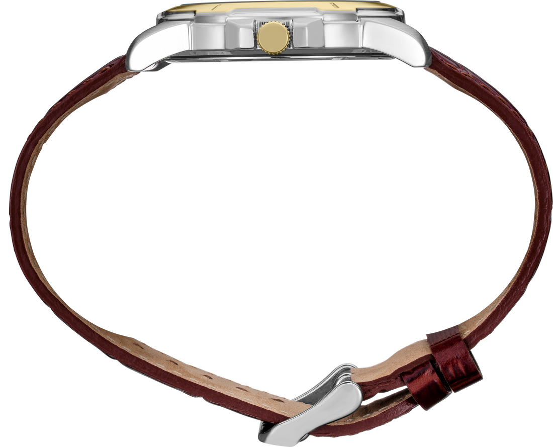Watch with brown leather strap and silver case on a white background