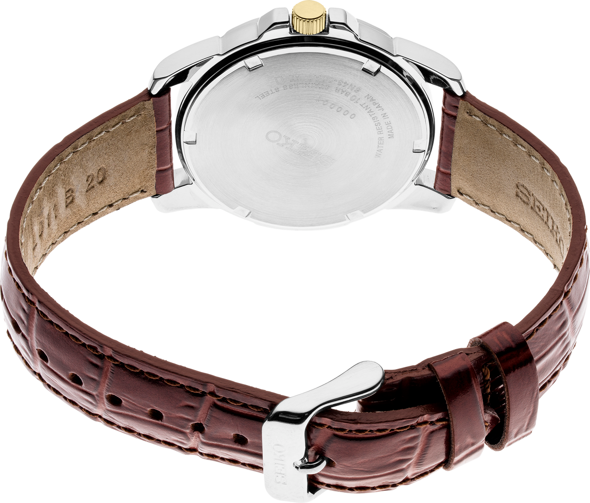 Watch with brown leather strap and silver case on a white background